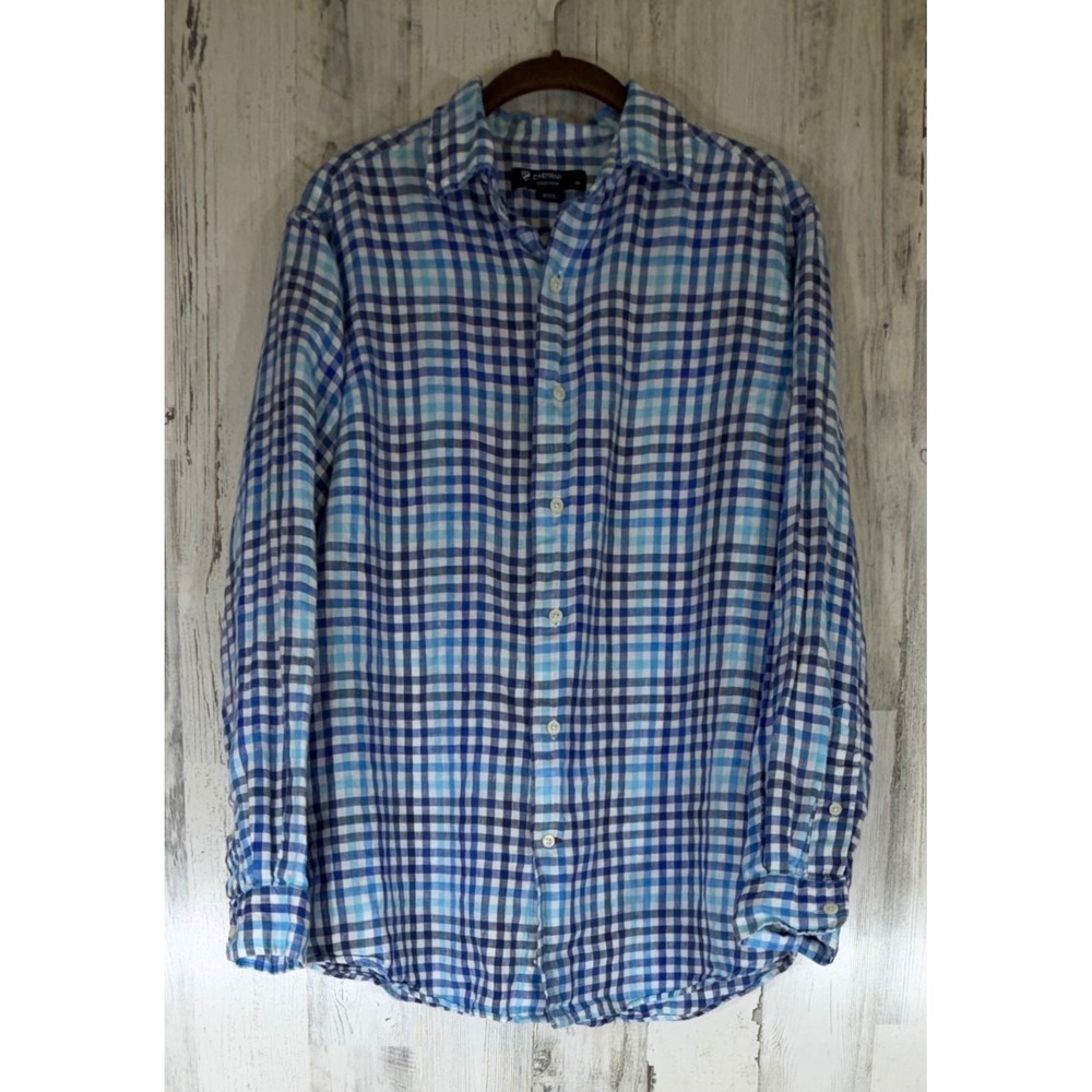 Cremieux Mens Button Front Shirt Medium Blue Gingham 100% Linen Beach Coastal